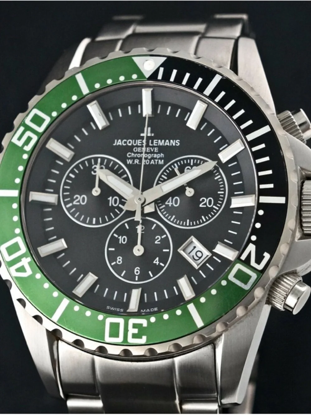 Jacques Lemans Stainless Steel Chrono Watch w/ Green Bezel and Black Dial